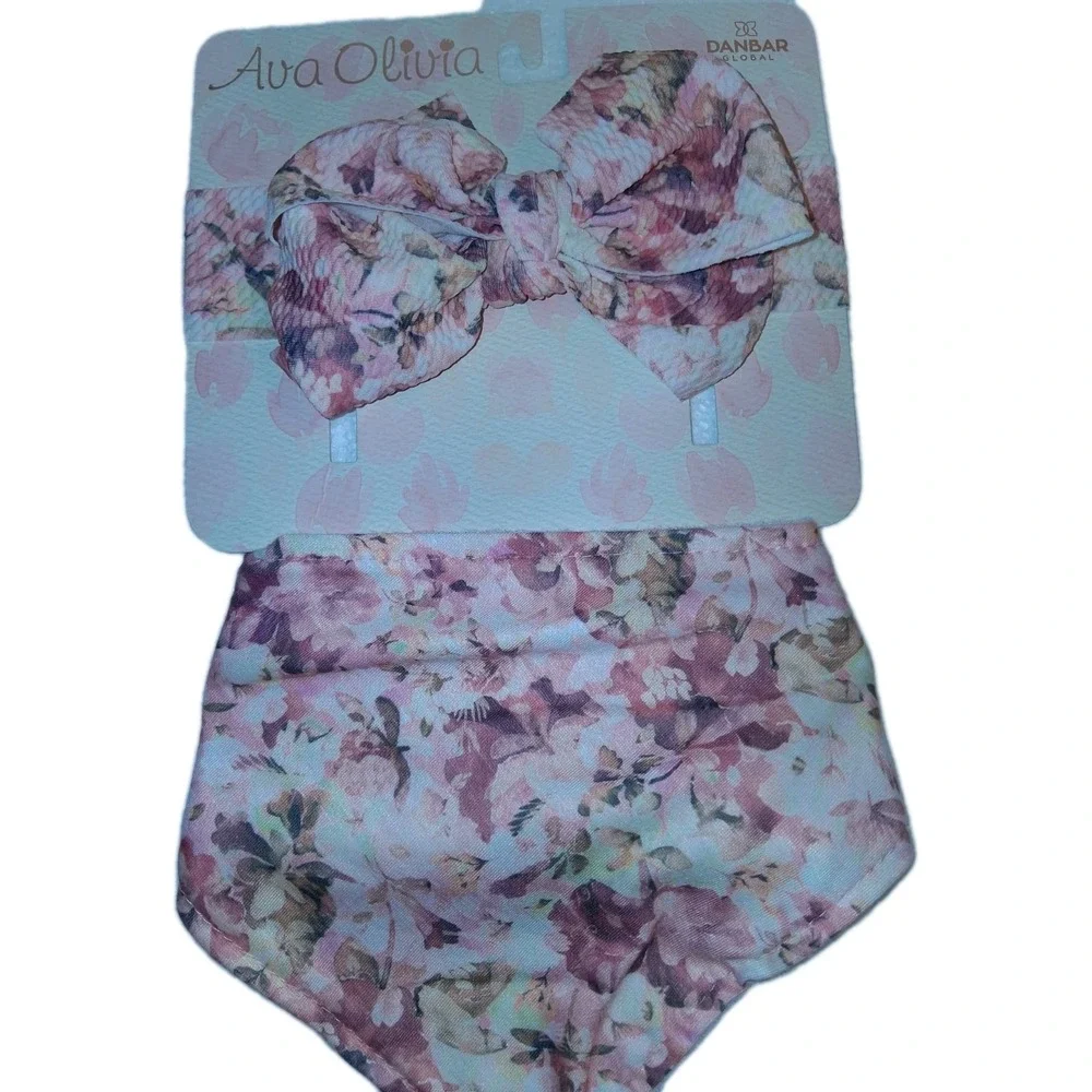 Ava Olivia Baby girls pink floral  bib & bow‎ set New Colorful